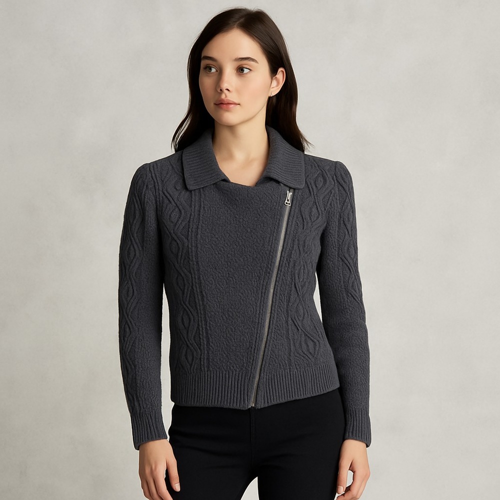 St John Womens P Grey Cable Knit Moto Zip Wool Cropped‎ Sweater 2010